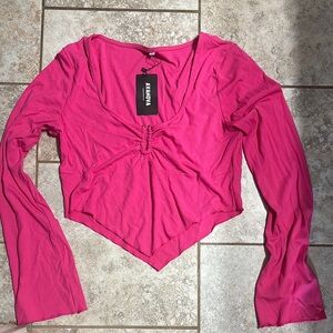 Hot Pink Long Sleeve Ruched Crop Blouse